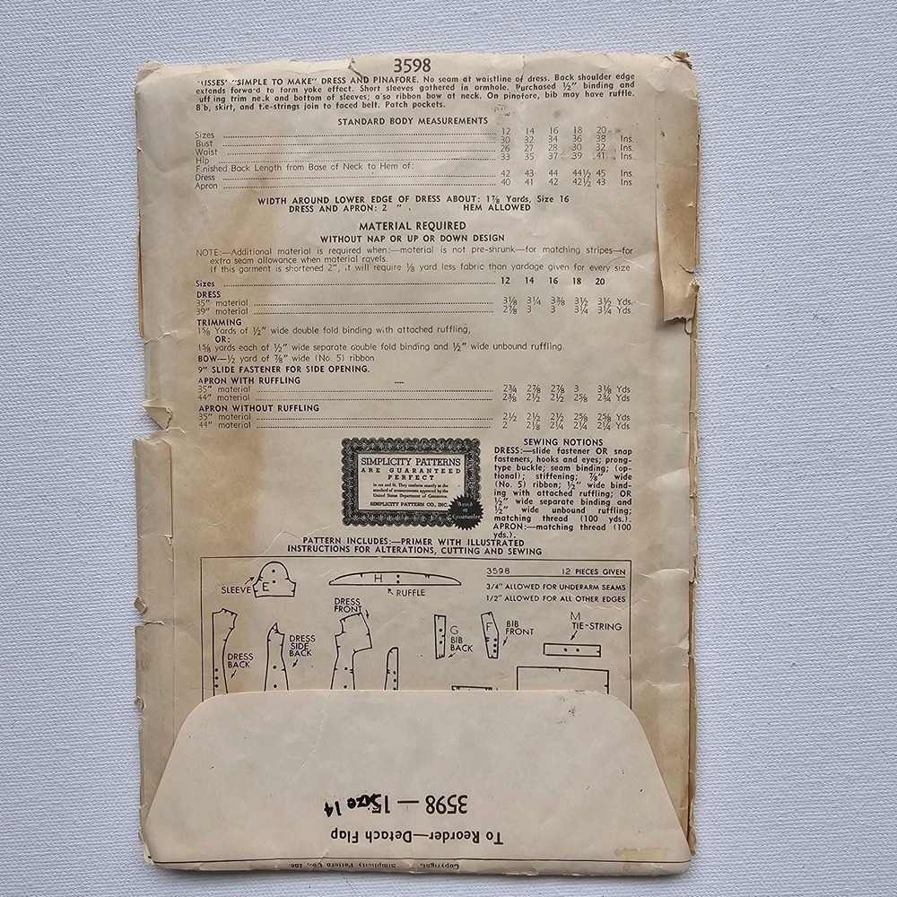 1940s Vintage 32" Bust Simplicity 3598 Sunburst Dress Apron WW2 Sewing Pattern - Picture 3 of 6